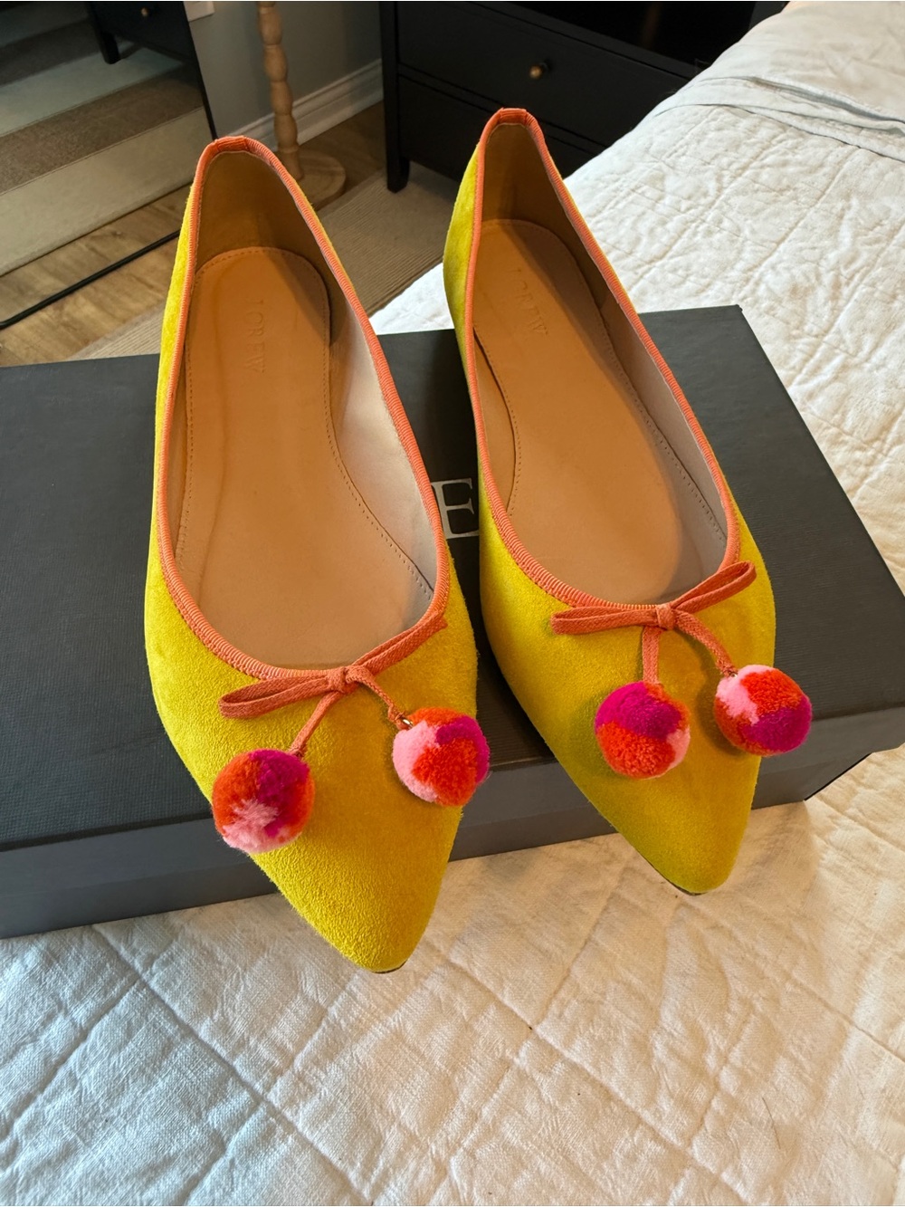 J. Crew Yellow Suede Pointed-Toe Flats with Coral Trim and Multicolor Pom-Poms